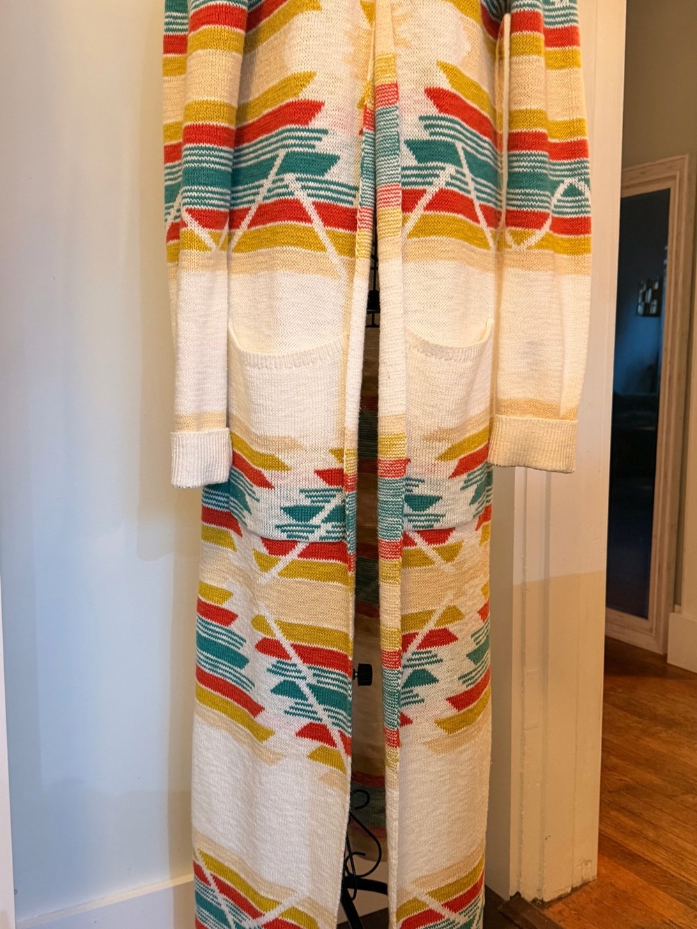 Pendleton Cream Long Tribal Open-Front Cardigan with Multicolor Stripes
